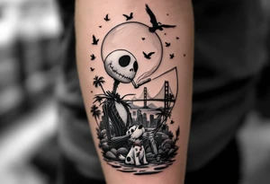 jack skellington with dog,smoking a blunt and fishing,surrounded by city buildings,golden gate bridge, birds, palm trees, tattoo idea