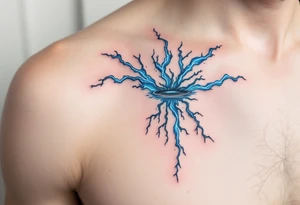 A surreal Aquarius formed by merging water and electricity, crackling with blue and white lightning. tattoo idea