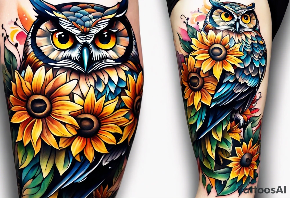 Leg sleeve with colorful sunflowers and an owl tattoo idea