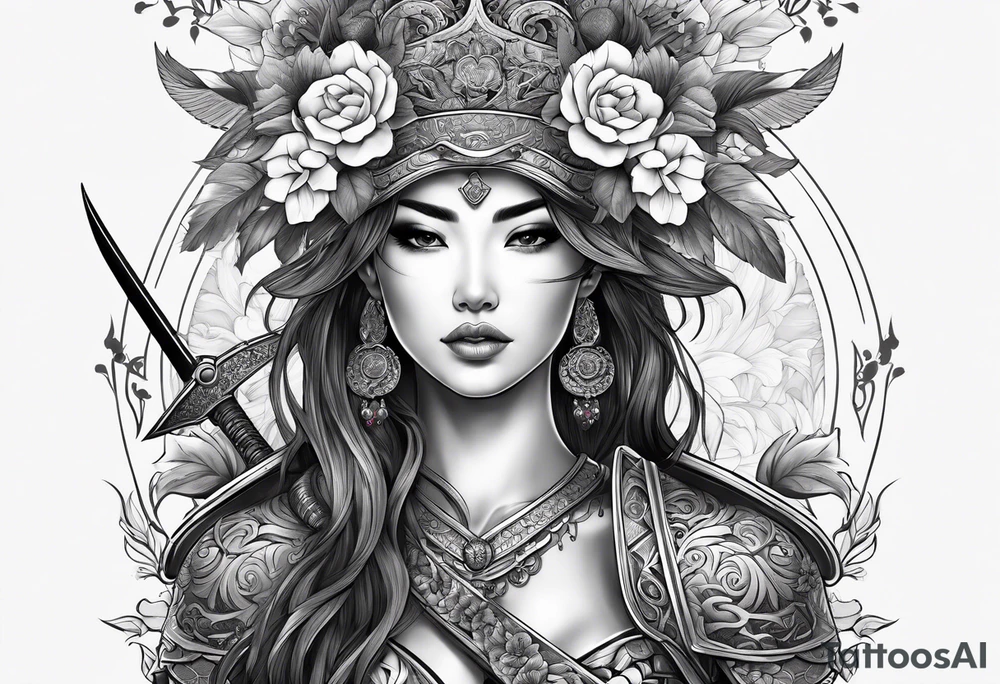 ornate beautiful woman warrior with weapon & floral surrounding tattoo tattoo idea