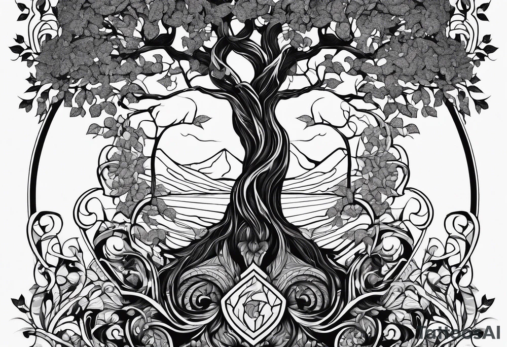 fine line vines, tree, minor geometric aspects. Utilize some negative space. tattoo idea