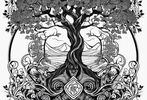 fine line vines, tree, minor geometric aspects. Utilize some negative space. tattoo idea