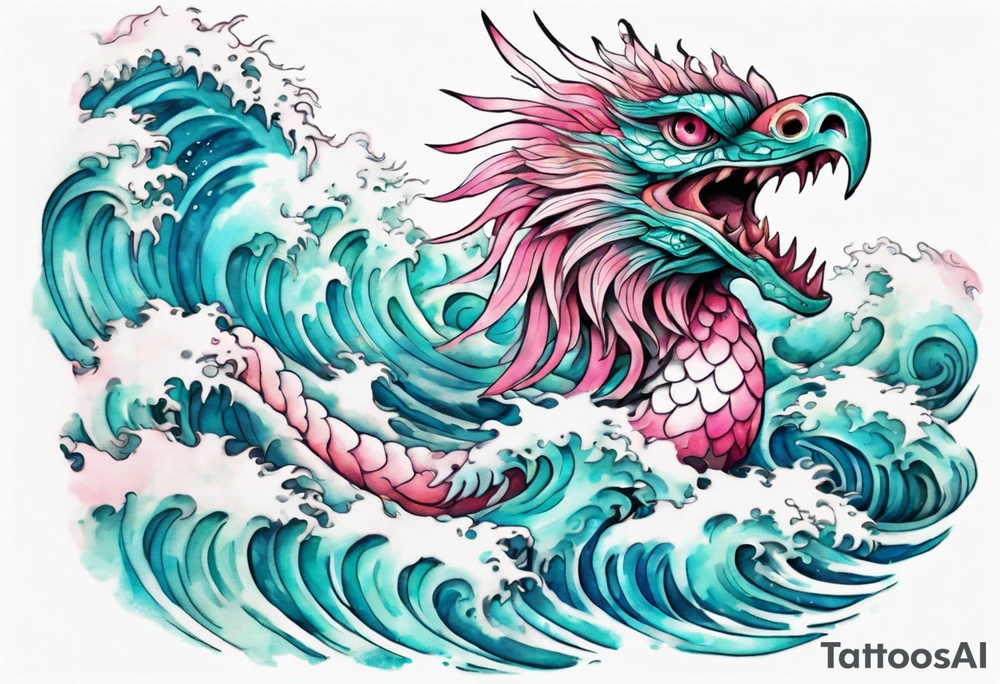 a turquoise and white and pink sea Quetzalcoatl with beautiful eyes emerging from the blue waves of the ocean tattoo idea