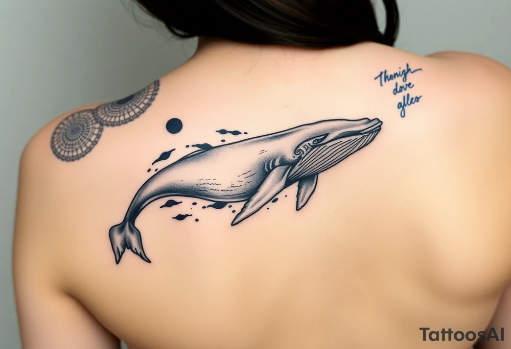 “A realistic-style humpback whale swimming forward across the upper bicep, with its tail transitioning into abstract brushstrokes and artistic smudges. Background includes sacred geometric shapes (circles, triangles, lines) integrated subtly, and a detailed Maori/Polynesian tribal tattoo only on the shoulder area. Add expressive blue calligraphic scribbles – more like ink gestures than text. tattoo idea