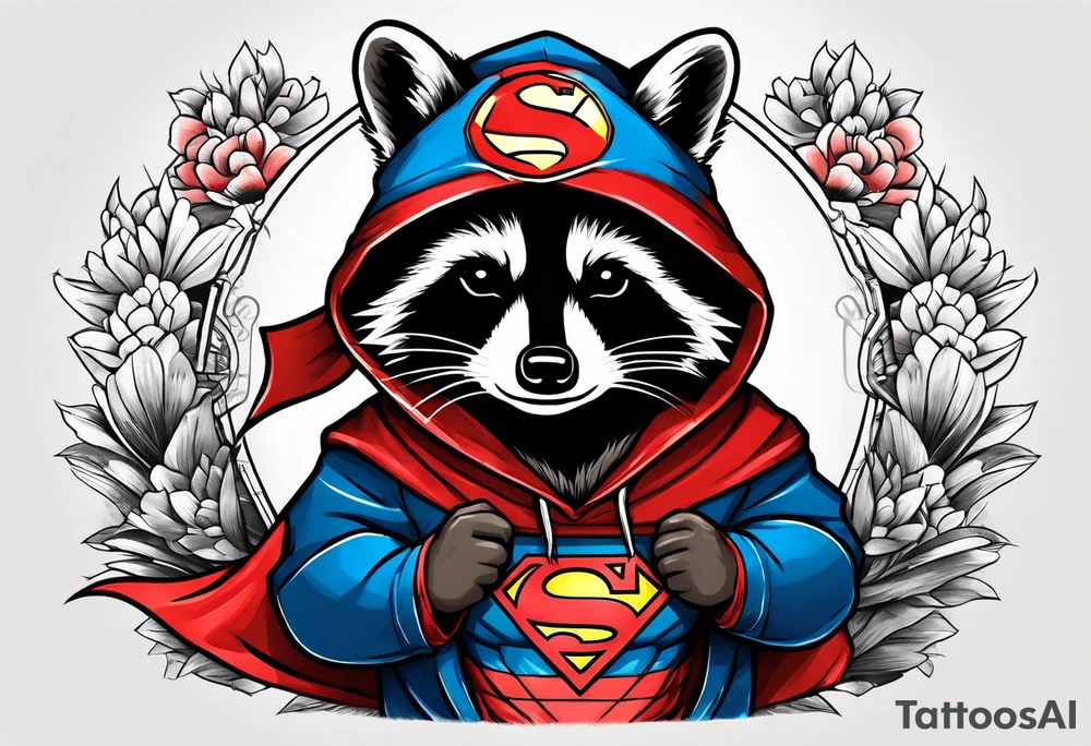 raccoon wearing a Superman hoodie tattoo idea