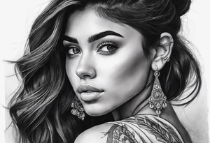Indian girl tattoo, that looks like madison beer but not 1:1, for upper arm tattoo idea