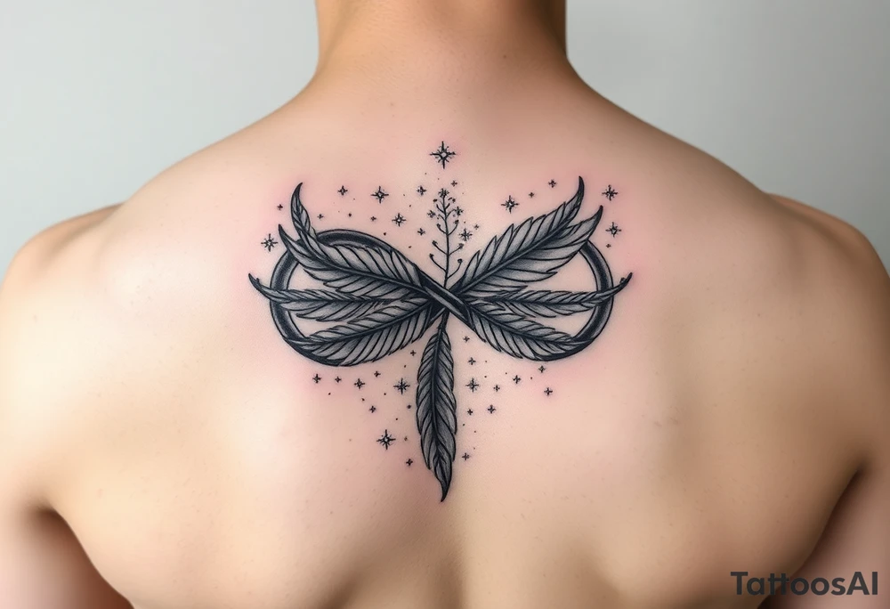 infinity symbol woven with floating feathers and stardust tattoo idea