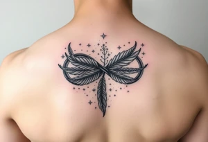 infinity symbol woven with floating feathers and stardust tattoo idea