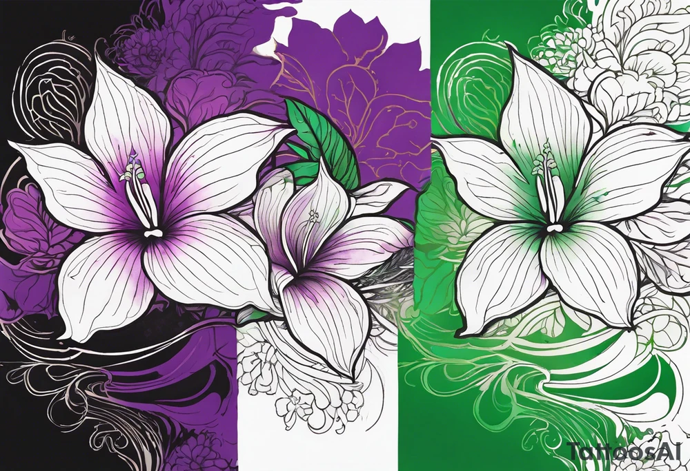 A mystical outline of a rio dipladenia flower and a green and purple watercolor splash in the background tattoo idea
