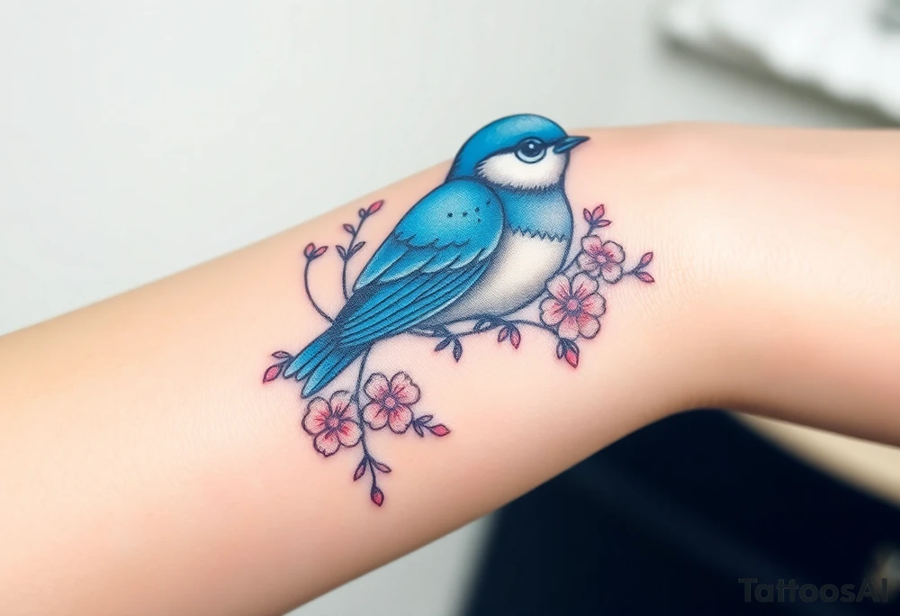 Puffy bluebird surrounded by wild flowers tattoo idea