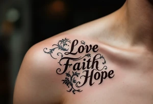 Vintage type font in sepia ink love faith hope, decorated with fine black-and-gray filigree patterns. tattoo idea