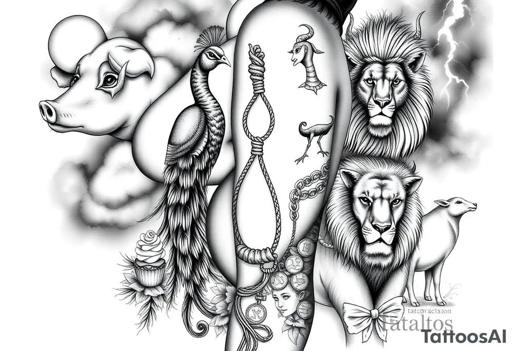 Storm clouds, pig, peacock , fat sexy naked fat woman, cupcakes, noose , money, goat, lion, man and girl having sex, cigerette, drugs, coins, storm lightening, killing, darkness, mirror tattoo idea