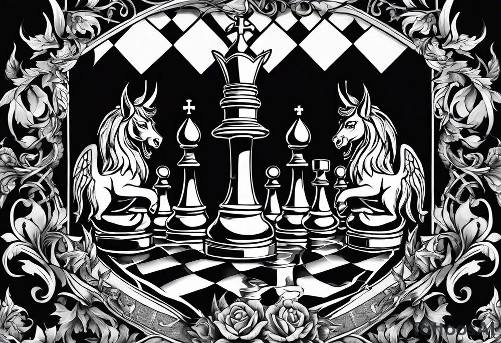 Design featuring a chessboard with angelic and demonic chess pieces engaged in a strategic game, symbolizing the eternal battle between good and evil tattoo idea