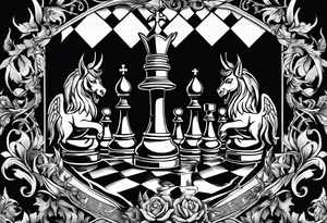 Design featuring a chessboard with angelic and demonic chess pieces engaged in a strategic game, symbolizing the eternal battle between good and evil tattoo idea