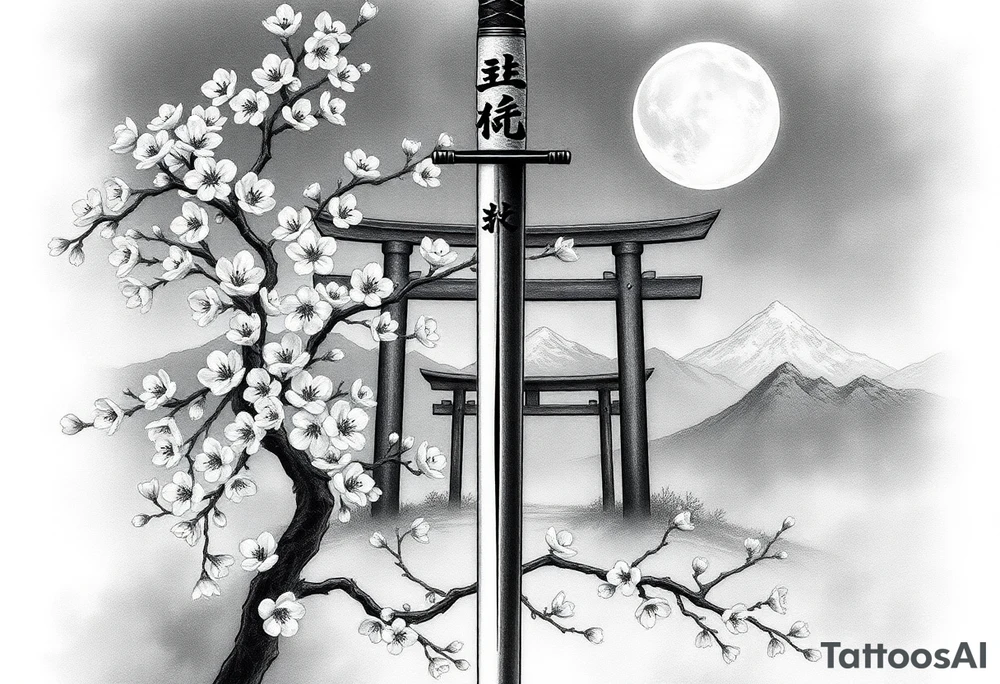 This is a black and gray realism tattoo rooted in discipline, duality, and intention. The centerpiece is a vertical katana, modeled after your original ink, clean and upright like a spine—symbolizing focus, precision, and grounded energy. It’s wrapped in the flowing limbs of a sakura tree, not as an accessory, but as an extension of the blade itself—representing beauty that blooms in adversity. Cherry blossoms aren’t scattered for aesthetics—they move with the wind, some drifting in the foreground, others clinging to the sword like it’s their protector. Behind it all sits a misty torii gate and layered mountains, giving the piece weight, history, and spiritual context. The kanji 平和の剣 (“Sword of Peace”) rides the piece vertically, not slapped on but earned—a message that resonates from the blade outward. The shading is deep and unifying, giving everything one breath, one tone, one story. Nothing floats, nothing competes. The sword doesn’t dominate the art—it becomes the axis around which peace, nature, and power orbit. tattoo idea
