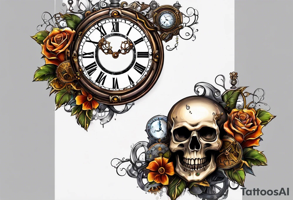 Steampunk skull, with clock and hour glass tattoo idea