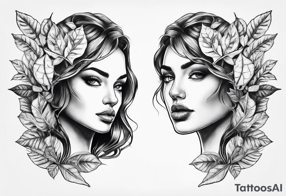 two faces with leafs and frames tattoo idea