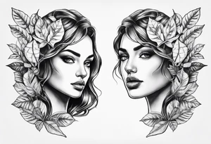 two faces with leafs and frames tattoo idea