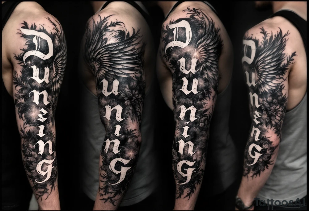 Dunning, Details include on left arm, name in white color,angel wing, wet jungle leaves,cool font, galaxy background filling, tattoo idea