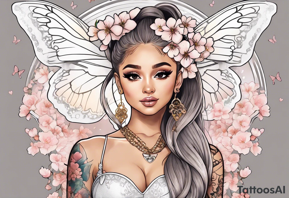 Ariana Grande surrounded in a golden aura with cherry blossoms and white butterflies with a key that unlocks a heart tattoo idea