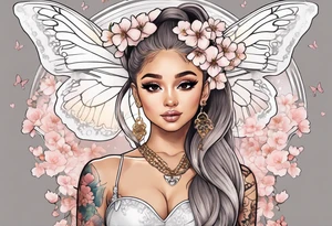 Ariana Grande surrounded in a golden aura with cherry blossoms and white butterflies with a key that unlocks a heart tattoo idea