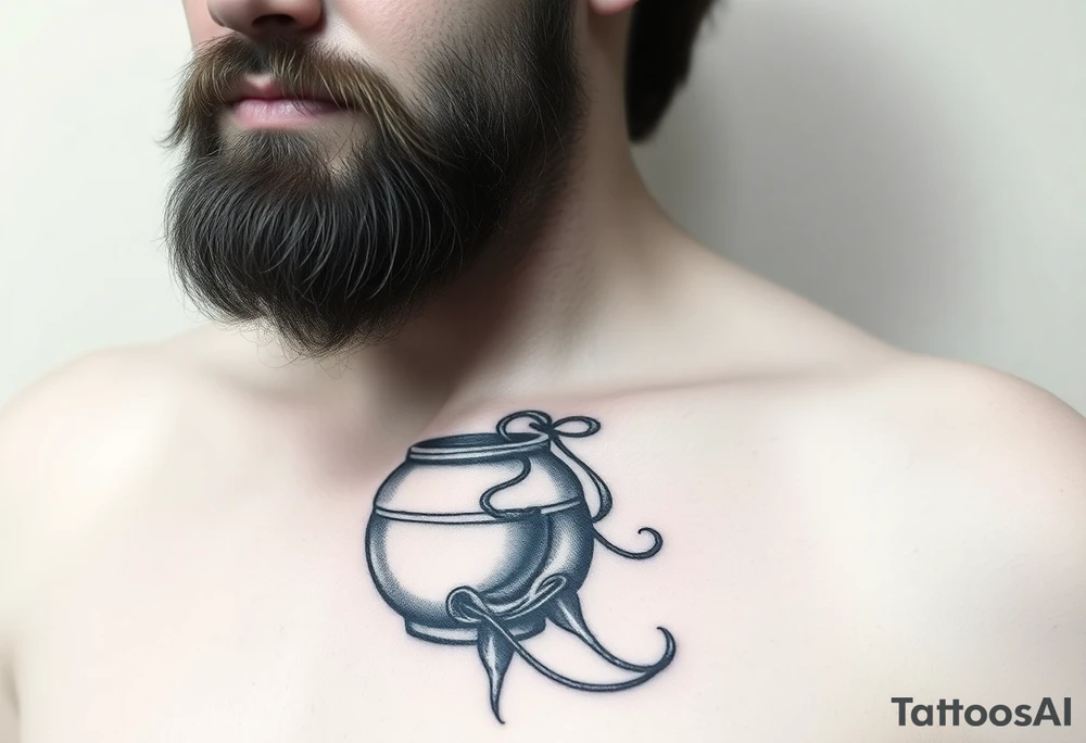 a big piece,The sign of the aquarian version human man almost resembling a god, with beard, with a jar on his shoulder with water coming out of it tattoo idea