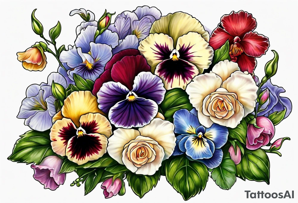 pansies, carnations, orchids, roses, water lillies 
 foxglove tattoo idea