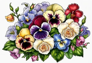 pansies, carnations, orchids, roses, water lillies 
 foxglove tattoo idea