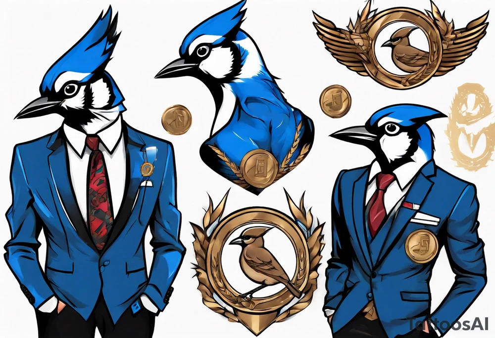 bluejay in a suit with a medal on around neck tattoo idea