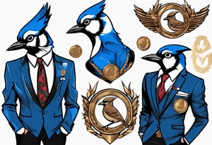 bluejay in a suit with a medal on around neck tattoo idea