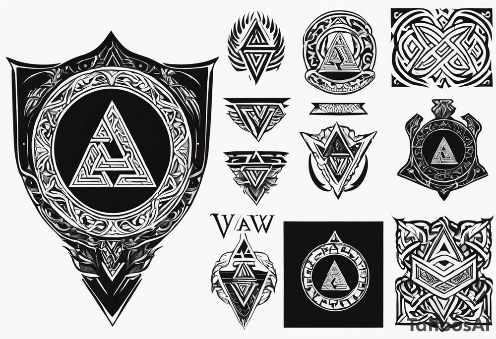 Valhalla sword shield axe Valknut fog tattoo idea