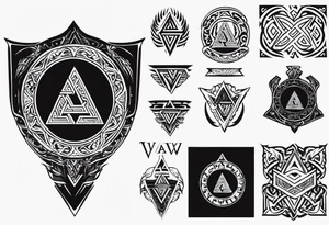 Valhalla sword shield axe Valknut fog tattoo idea