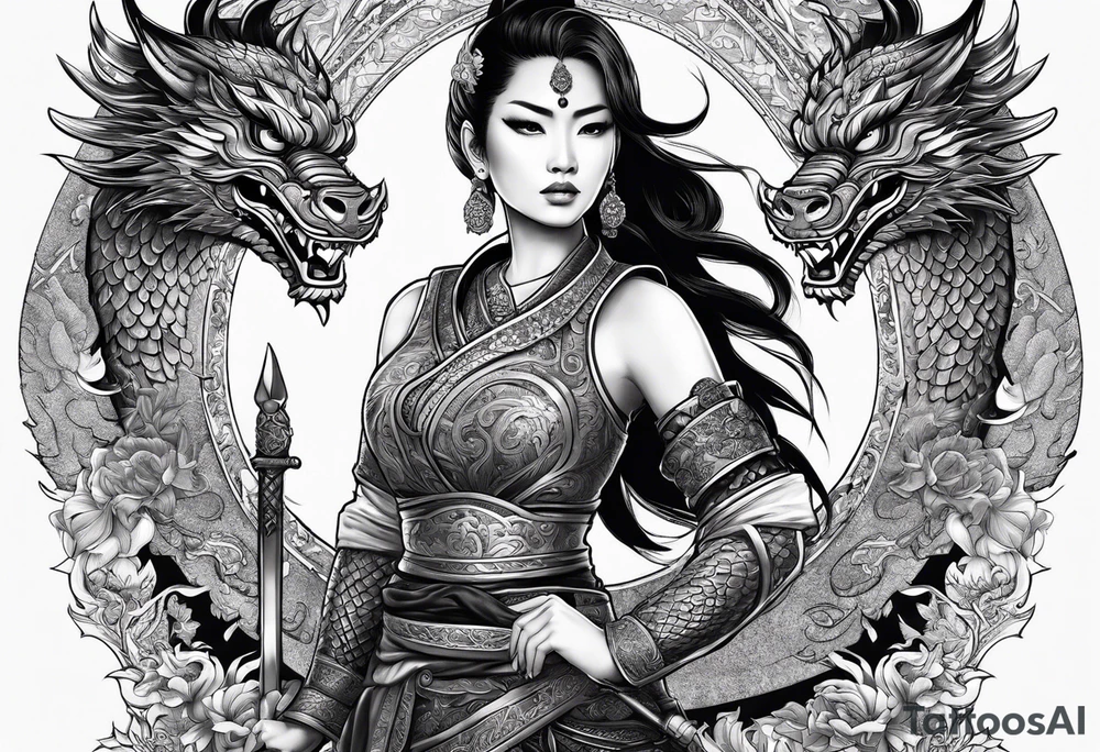 female warrior in thai clothing with twin dragons tattoo idea