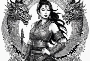 female warrior in thai clothing with twin dragons tattoo idea