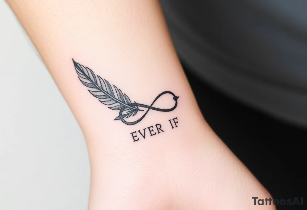 whimsical feathers and unusual infinity symbol with words "EVEN IF" tattoo idea