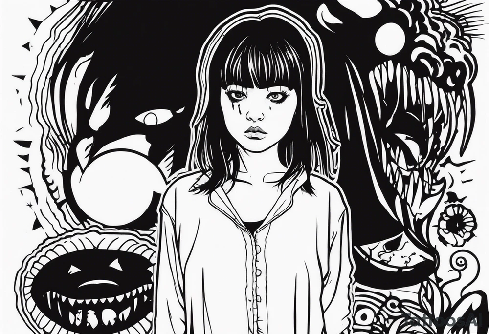 portrait of tomie standing up a character by the horror author junji ito full body standing menacingly.  a mole below her left eye.  add more horror and gore elements tattoo idea