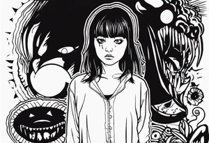 portrait of tomie standing up a character by the horror author junji ito full body standing menacingly.  a mole below her left eye.  add more horror and gore elements tattoo idea