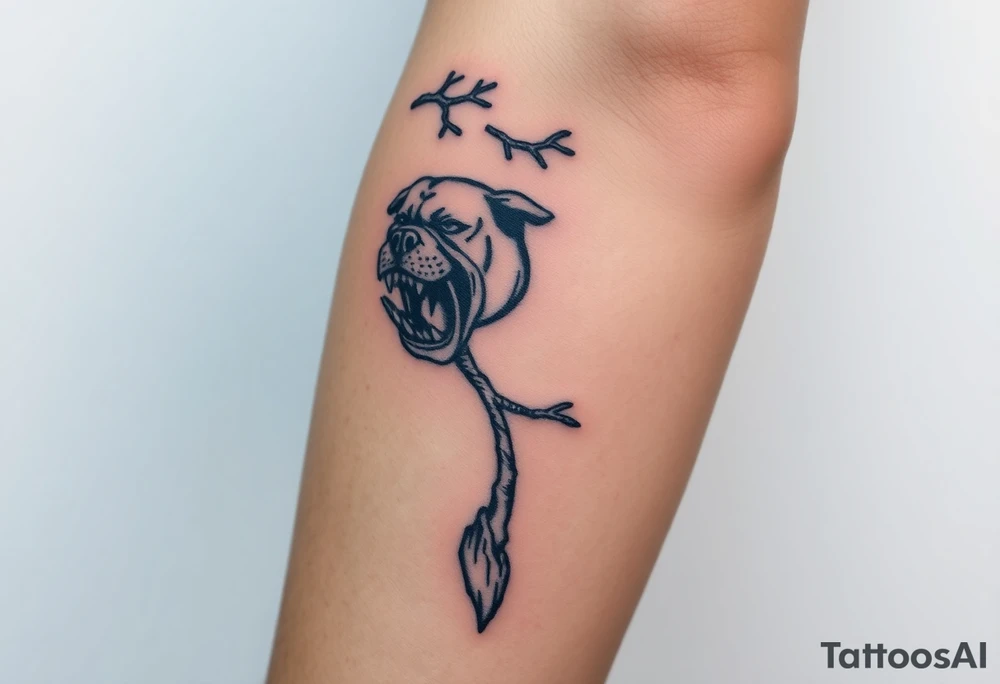 bulldog biting branch hanging from tree medieval woodcut tattoo idea