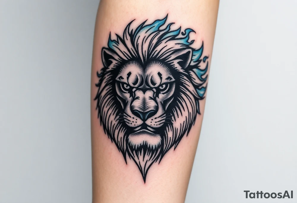 Powerful, fierce stoic lions head, whose mane turns into blue flames that swirl up my arm with blue embers tattoo idea
