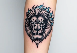Powerful, fierce stoic lions head, whose mane turns into blue flames that swirl up my arm with blue embers tattoo idea