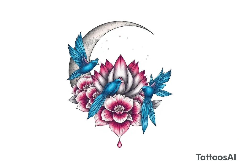 crescent floral moon with lotus flower and celestial and blue birds tattoo idea
