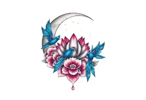 crescent floral moon with lotus flower and celestial and blue birds tattoo idea