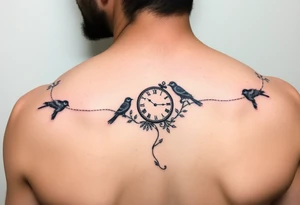 Small for arm of 
One color and rest black and white incorporating 

 and tiny little black birds and a clock tattoo idea