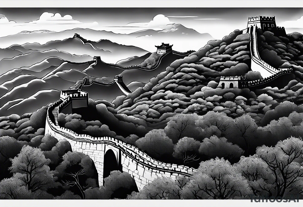 Great Chinese wall, realistic, art, gezeichnet, fine line, black and grey, man tattoo idea