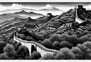 Great Chinese wall, realistic, art, gezeichnet, fine line, black and grey, man tattoo idea