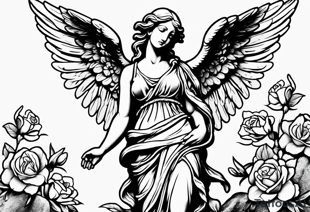 Simple Angel statue stood on a rock with daffodils and roses wrapped around its legs tattoo idea