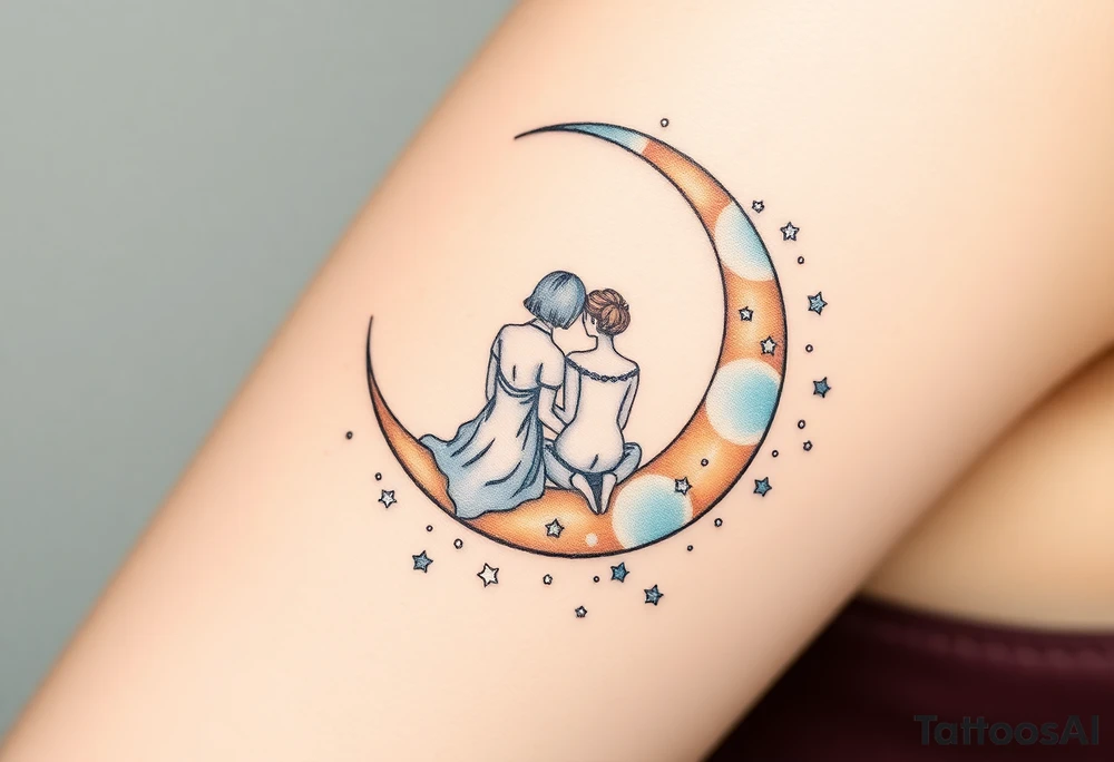 A crescent moon with a couple sitting together, wrapped in a starry sky. The moon is softly glowing with shades of silver and pale gold, with intricate dotwork creating a shimmering effect. Surrounding the moon, tiny stars twinkle in varying shades of soft blue, white, and silver, adding depth and magic to the design. The couple is outlined in minimalistic line work, with gentle shading to create a serene and intimate atmosphere. tattoo idea