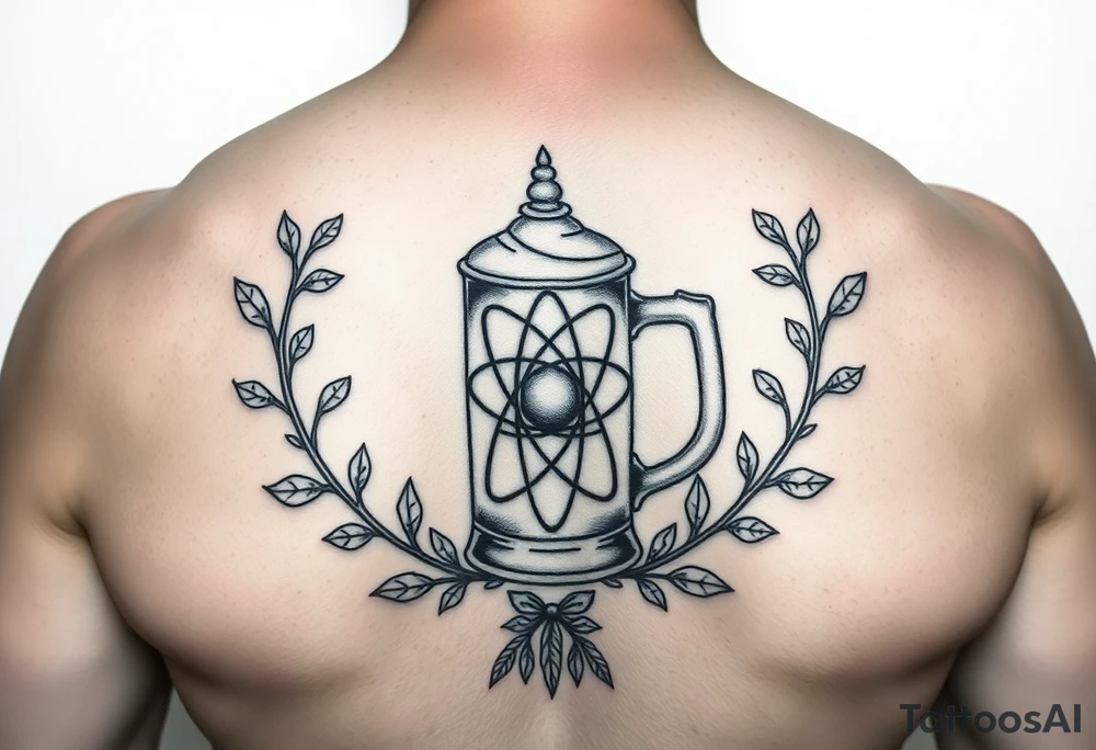 A fine line style German stein in a with an atom in the middle part of the stein and vines around the atom framing it tattoo idea