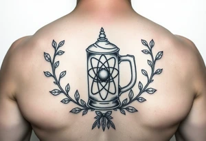 A fine line style German stein in a with an atom in the middle part of the stein and vines around the atom framing it tattoo idea