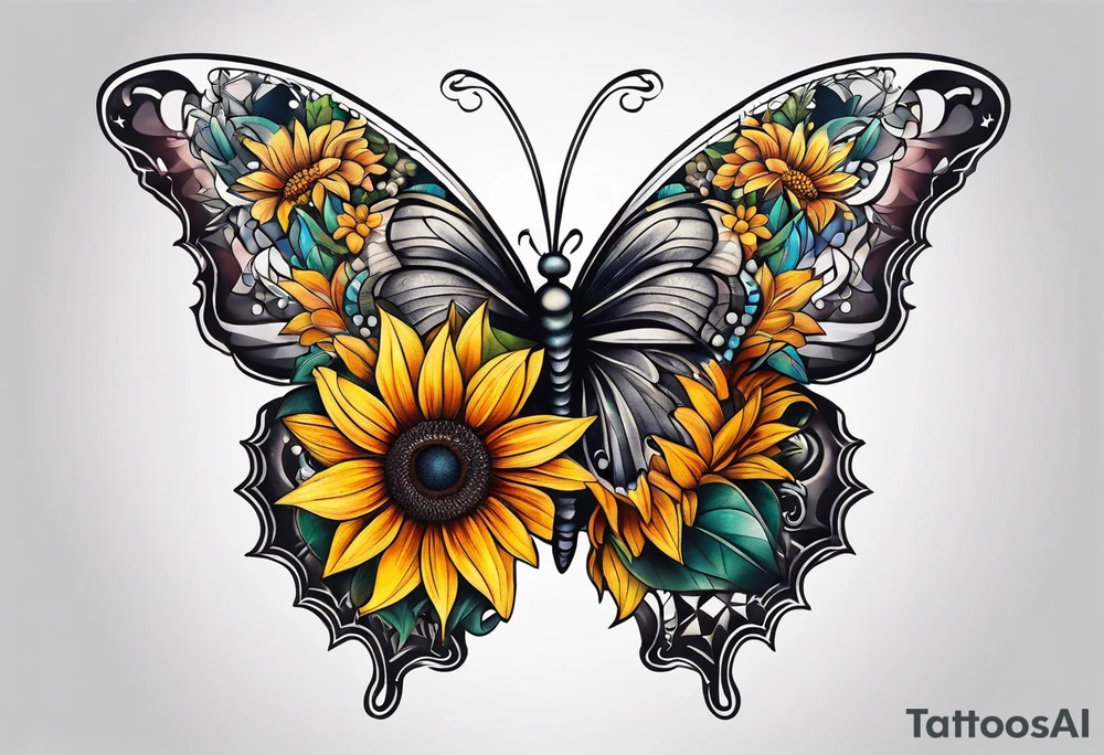 Half butterfly half sunflower tattoo idea